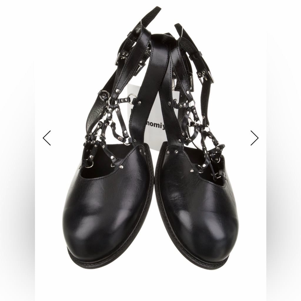 Noir Kei Ninomiya Leather Flat Shoes Woman Black Toe Strap Shoe Add-On